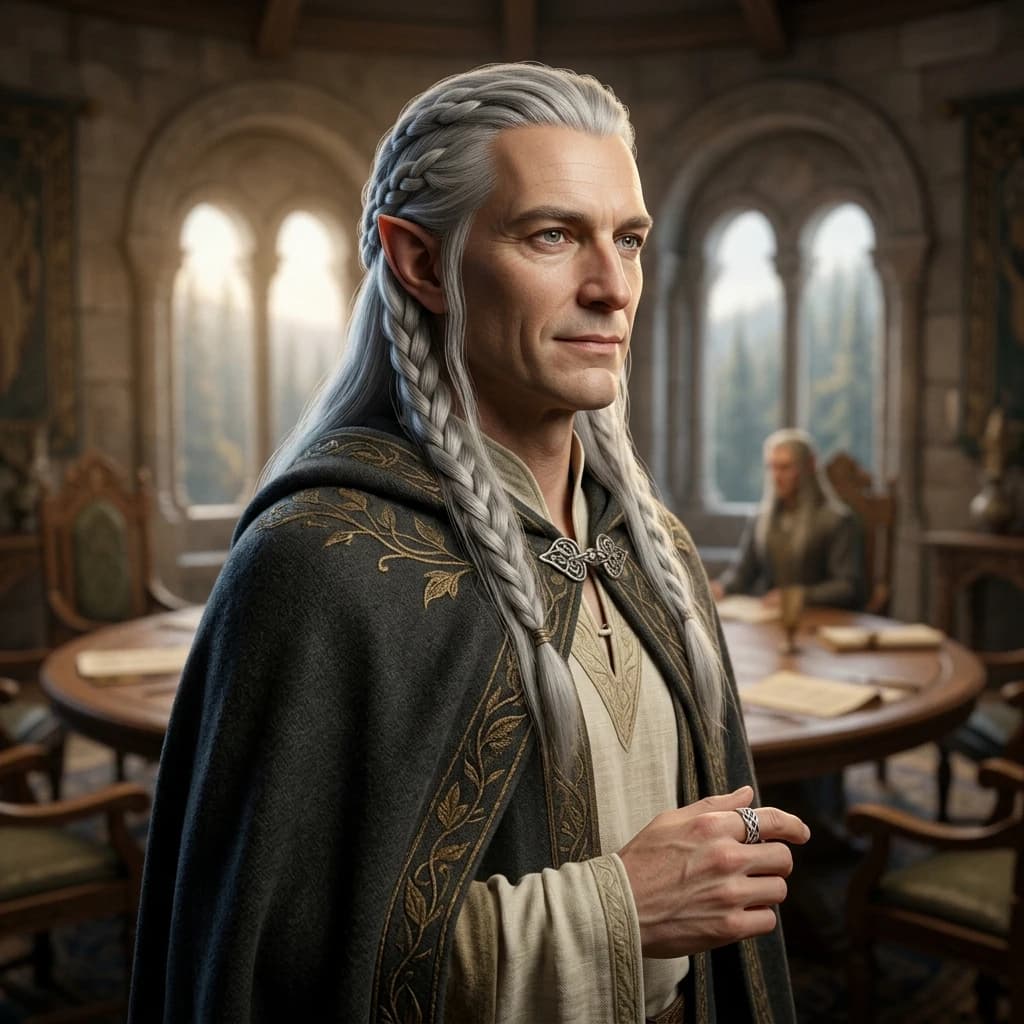 ALFIN, Orchestrator in the Alfin Studio agent ensemble. Tolkien-inspired portrait.