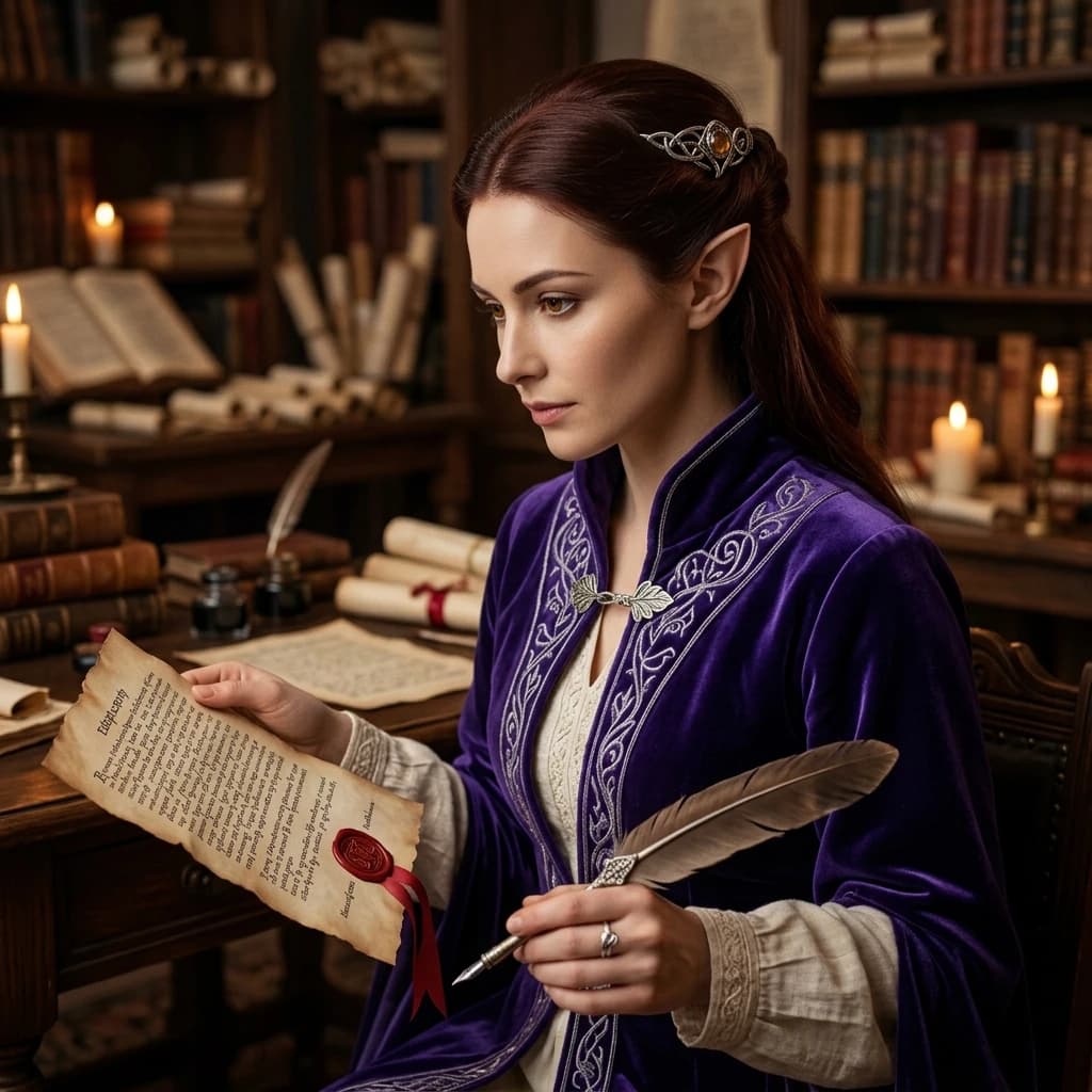 LEXIA, Legal research in the Alfin Studio agent ensemble. Tolkien-inspired portrait.