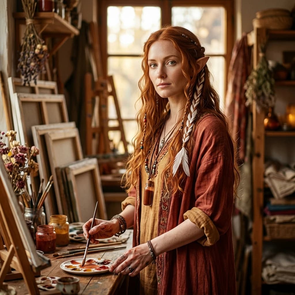 SIENNA, Brand Identity Director in the Alfin Studio agent ensemble. Tolkien-inspired portrait.